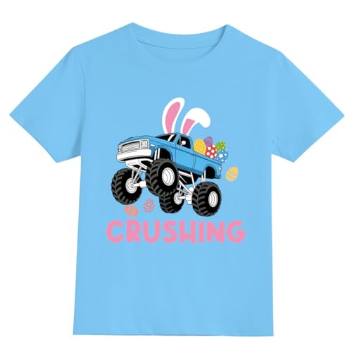 Joctoh Todder Boys Easter Shirt Kids Bunny Short Sleeve Cotton Tee Funny Monster Truck with Easter Eggs Graphic Blue Tshirts 2t 3t