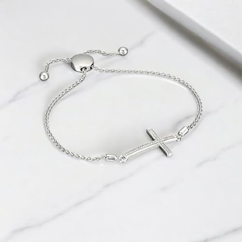 Jewelili Sterling Silver Cross and Evil Eye Bolo Bracelet fo Women | 1/10 CTTW Natural White Round Diamonds | Wheat Chain | Fine Jewelry with Gift Box | Timeless Fashion Jewelry Gift for Her4