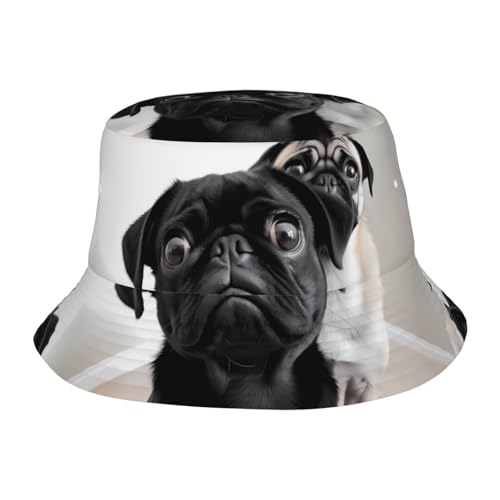 Unisex Cute Bucket Hat Summer Travel Fisherman Cap Cute Black Pug Dog Beach Travel Sun Hat Outdoor Cap
