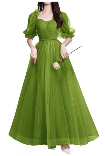 CWOAPO Long Puffy Sleeve Tulle Prom Dress Sweetheart Ball Gown for Women A Line Formal Evening Party Dress