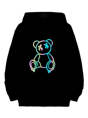WDIRARA Men's Bear Print Drawstring Hoodie Reflective Drop Shoulder Long Sleeve Pullover Hooded Sweatshirt