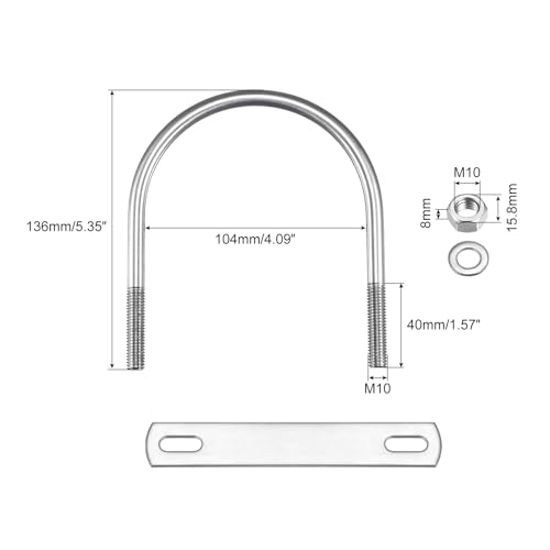 Image of uxcell Round U-Bolts, 2 Sets 104mm(4.09 inch) Inner Width 136mm Length M10 304 Stainless Steel U Clamp Bolt with Nuts Washers and Plates, for Boat Trailer
