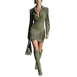 ZSLFCBD Vestido Invierno Mujer Retro con Flecos para Mujer, Sexy, Manga Larga, Cuello, Dobladillo De Solapa, Mini Vintage, Vaquera, Bodycon Liso-Verde Claro-XL