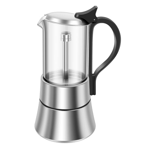 BAODBF Cafetera espresso de acero inoxidable pequeña, para inducción de acero inoxidable, cafetera de cristal, con válvula única, cafetera espresso para todos los tipos de cocina