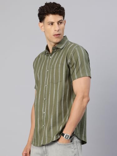 Image of Majestic Man Men's Pure Cotton Striped Half Sleeve Slim Fit Casual Shirt for Men