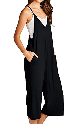 Loving People Women's Solid Spaghetti Strap V Neck Loose Fit Capri Jumpsuit, Small, Black #TOP1
