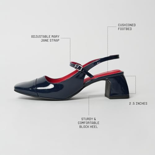 Image of Theater Women Twiggy Mary Jane Block Heel Sandals with Square Toe and Adjustable Buckle Slingback | Cushioned Comfort for Office & Formal Wear