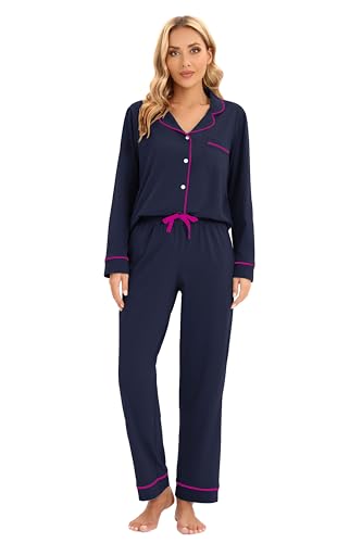 Image of LUBOT 100% Cotton Pajamas for Women PJ Set Soft Long Sleeve Button-Down Shirt Two-piece Set Warm Sleepwear Loungewear Night Suit (Dark Blue, XL)