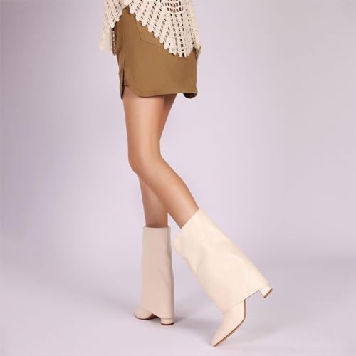 Women's Mid-Calf Boots Fold Over Chunky Heel Pointed Toe Fashions Slouch Riding Boots4