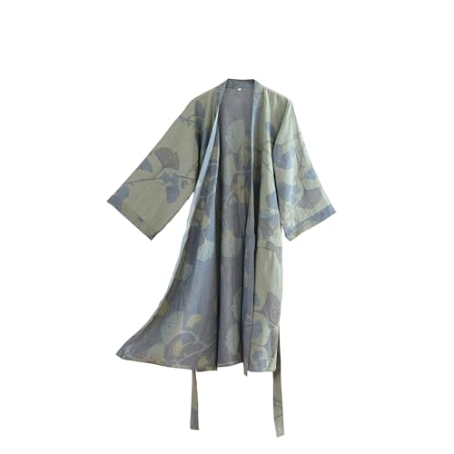 Purefair 100% Cotton Gauze Ginkgo Leaf Kimono Robe Long Knit Loose Bathrobe Nightgown Ladies Loungewear Sleepwear for Women