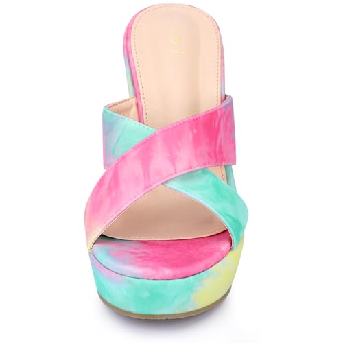 Allegra K Women's Tie Dye Crisscross Strap Wedges Slip on Wedge Heel Platform Sandals2
