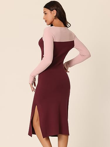 Image of Seta T Women's Long Sleeve Crew Neck Stretch Slim Cutout Color Block Ribbed Knit Bodycon Midi Sweater Dress