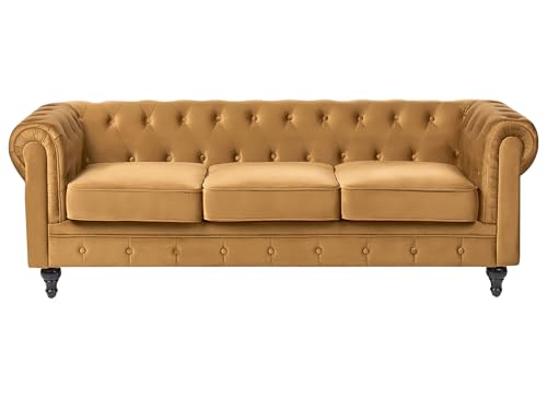 Klassisches Polstersofa 3er-Sitzer Samtstoff senfgelb Chesterfield Klassisches Polstersofa 3er-Sitzer Samtstoff senfgelb Chesterfield