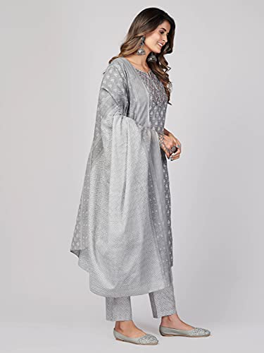 Image of Vbuyz Women's Printed & Embroidered Straight Cotton Stitched Kurta Pant with Dupatta