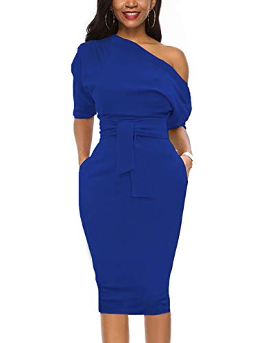 Image of Nature Comfy Elegant Womens Wear to Work One Shoulder Belted Pencil Dress | Cocktail Party, Casual, Wedding Guest, Day to Night, Asymmetrical Neck, Side Pockets, Bodycon, Elegant Formal Occasions