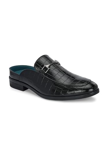 Image of San Frissco Men's Formal Loafers Leatherette Textured Trending Shoes with Buckle,Semi Casual Cushioned Footbed Formal Mules for Party, Slip-On Loafers, Lightweight and Comfortable Shoes