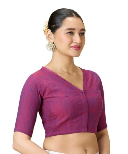 Image of Studio Shringaar Women's Handloom Cotton Side Stretchable (Smocked) Readymade Saree Blouse with Crochet Neckline