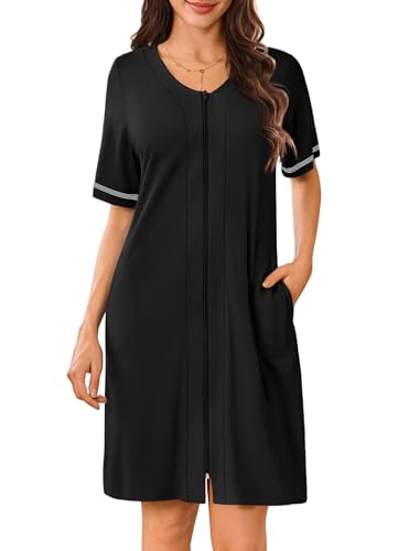 Ekouaer Women Zipper Robes Short Sleeves Housecoat Lightweight Bathrobes Zip Up Robe Casual Nightgown with Pockets S-2XL