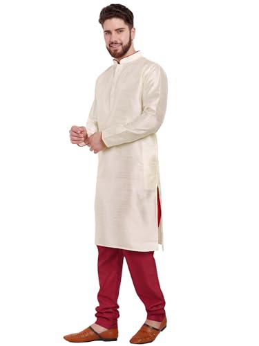 Image of SKAVIJ Mens Silk Blend Kurta Pyjama Set(Off White Large)