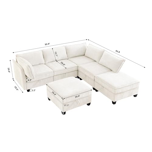 Image of ORRD Corner Modular Sectional Sofa Set, Convertible L Shaped Couch with Storage, 6 Seater Sofa Modular with Ottomans and Reversible Chaise for Living Room, Office (Beige)
