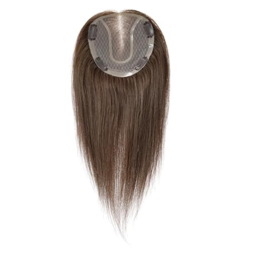 Postizos de cabello humano de 14 pulgadas con base de encaje monocromático, piezas de cabello castaño natural for mujeres con cabello fino Wiglets