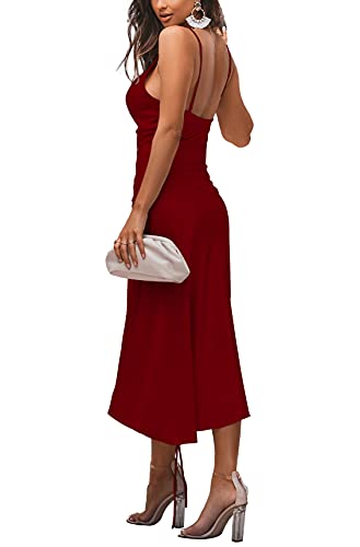 Image of LYANER Women's Satin Spaghetti Straps Cowl Neck Sexy Ruch Cocktail Midi Dresses