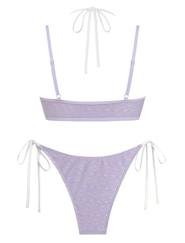 Image of ZAFUL Women's Polka Dot Bikini Set Double Layer Halter Swimsuit Colorblock Side Tie 2 Piece Bathing Suit