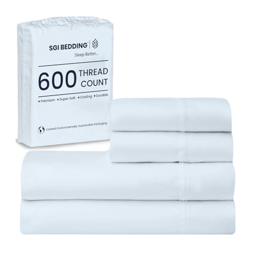Image of SGI bedding Queen Bed Sheets Set - Premium 600 TC Egyptian Cotton, Crisp Cooling Sateen Weave, Extra Soft Hotel Collection, Fits Mattresses Up to 16 Inch Deep, Breathable Long Lasting - Light Blue