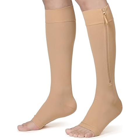 KEKING® Zipper Compression Socks for Men Women, Open Toe, 20-30mmHg Firm Support Knee High Zipper Compression Stockings for Wide Calf - Varicose Veins, DVT, Shin Splints, Edema, Nursing, Beige 3XL Cover