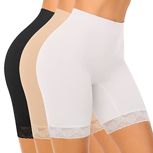 SIHOHAN Womens Anti Chafing Shorts Boxer Lace Slip Shorts Seamless Long Briefs for Under Dresses Skirts(Black+White+Beige,XXL)
