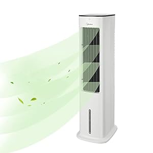 Midea Luchtkoeler met waterkoeling, mobiele airconditioning, ventilator met 5 liter waterkoeling, luchtbevochtiger en ionisatie, airconditioning zonder afvoerslang, 355 m³/u, ventilator met afstandsbediening, 55 W, wit