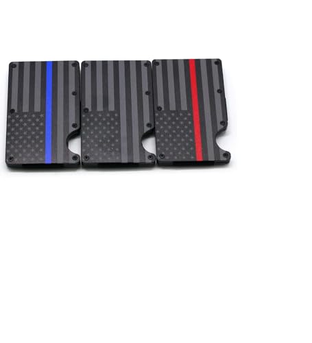 Black & Gray American Flag Engraved, Minimalist Wallet, RFID Blocking Aluminum Slim Wallet With Money Strap (Blue Line)4