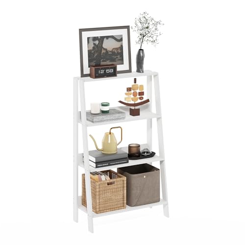 Image of Furinno Ladder 4-Tier Book Shelf, Open Frame Ladder Shelf, White | 10.9 x 23.6 x 38.4, Bookcase, Standing Display Storage Shelves, Storage Rack, for Organization, Living Room, Home Office