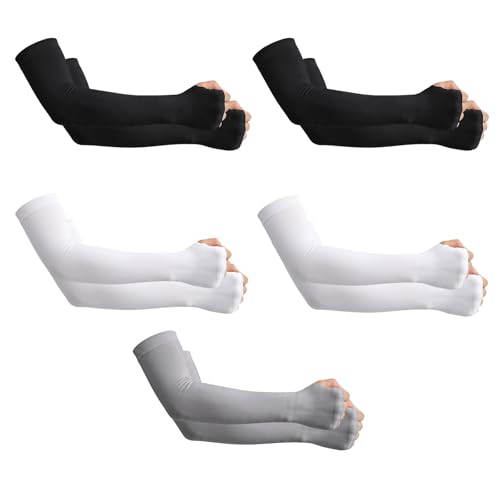 Pomarks Lot de 5 paires de manchons de bras pour homme et femme, protection UV rafraîchissante | Compression sportive | pour homme et femme | pour le golf, le...