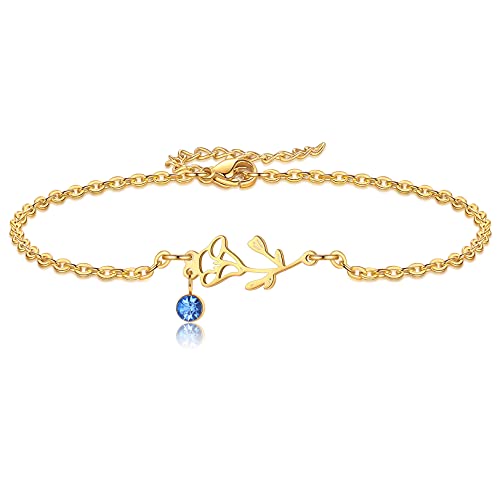 Birth Flower Bracelets, 14K Gold Plated Birth Month Floral Birthstone Charm Bracelets Wildflower Birthflower Jewelry Birthday Gifts for Women