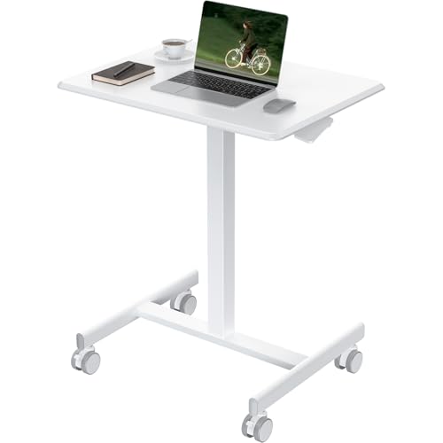 Image of OLIXIS Mobile Standing Desk with Wheels Small Rolling Laptop Desks Portable Pneumatic Adjustable Height Sit Stand Table Computer Workstation for Home Office White