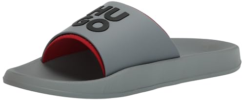 HUGO Sandalia deslizante con logotipo apilado para hombre, Gris (Pearl Grey), 39.5 EU