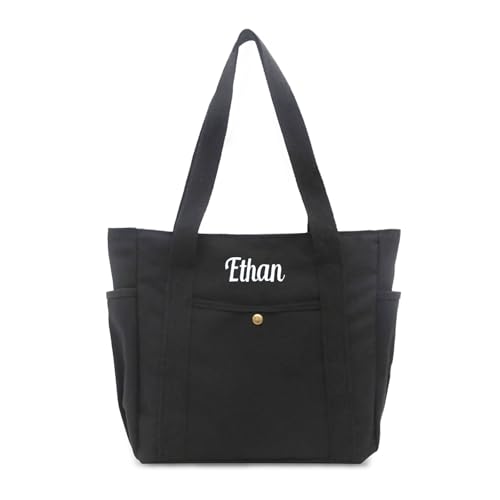 Bolso tote personalizado con nombre bordado, bolso de lona grande para uso casual, compras y hombro para mujeres miniatura 1