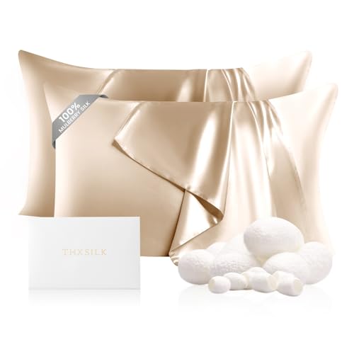 Image of THXSILK Set of 2 100% Mulberry Silk Pillowcases for Hair and Skin, Grade 6A+ Mulberry Silk Pillow Cases 22 Momme, Pure Mulberry Silk Pillow Case Cover with Zipper, 2pcs (Queen 20 inchx30 inch, Beige)
