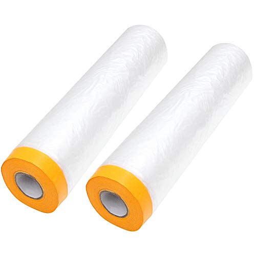 2 Pack Pre-Taped Masking Film 13ft x 65ft Painters Plastic Sheeting Roll, Clear Plastic Sheeting Plastic Drop Cloths For Painting, Automotive Appliance Plastic Sheeting Cover