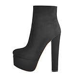 Only maker Damen Stiefeletten Reißverschluss Plattform Blockabsatz Kurze Stiefel Winter Warme Ankle Boots Flanell Schwarz EU 45