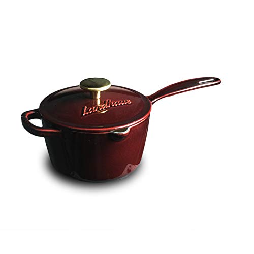 Landhaus Enameled Cast Iron Covered Sauce Pot, Pan with Lid and Two Knobs Included – 1.75 Quart (QT), Natural Non-Stick Slow Cook Enamel Self-Basting Cookware, Merlot Red Exterior with Cream Interior