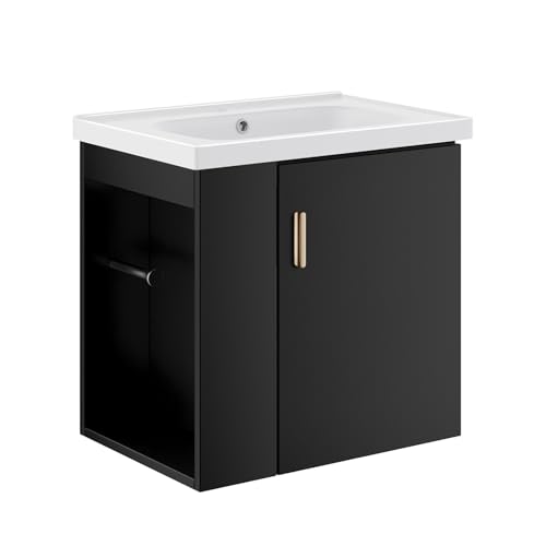 phiestina Pre-Assembled 20 Inch Floating Bathroom Vanity for Small Space Wall-Mounted Black Cabinet with Ceramic Sink Soft-Close Door Left Side Storage No Faucet BV04-20-PUREBLACK-PLUS