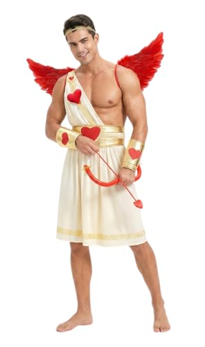 Boveco 6PCS Adult Cupid Costume for Men Valentines Day Cupid Costume with Wings Bow & Arrow Fun Outfit for Party Cosplay XXL
