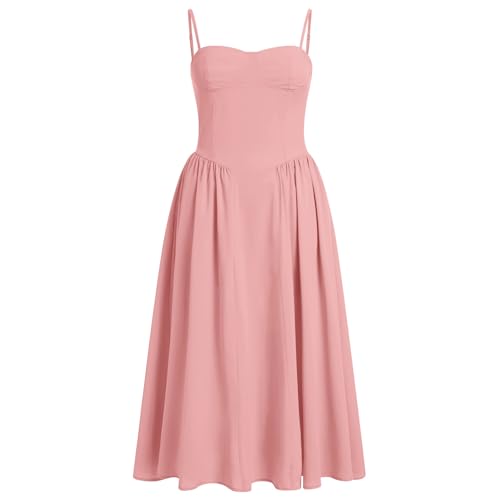 Image of ABEHIK Women Floral Corset Dress Boho Spaghetti Strap Lace Up Casual Midi Dresses with Pockets Low Cut Flowy Bustier Sundress