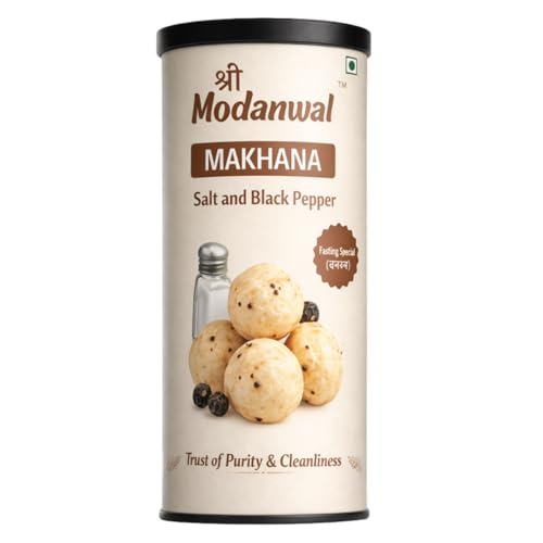 Shree Modanwal Makhana Salt and Black Pepper Flavour | Fox Nuts Snack | Flavoured Roasted falahari makhana for Tea Time & Everyday Snacking | Crunchy Lotus Seeds for fasting snack (PACK OF 1, Salt & Black Pepper Flavour)