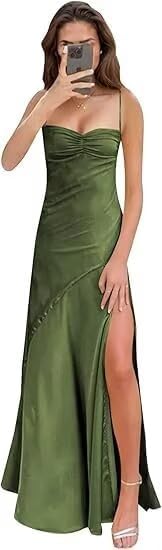 Prom Dresses for Women Satin Spaghetti Straps Long Mermaid Pleated Formal Bridesmaid Dresses for Wedding