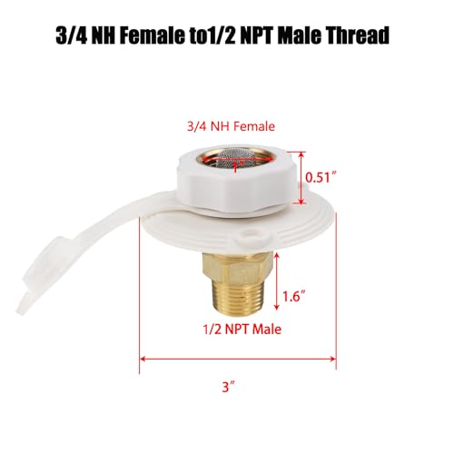 Image of RV City Water Inlet with Check Valve, Lead-free Brass 3 /4 NH Female to 1 /2 NPT Male Thread Fresh Water Inlet Flange Hose Connection Fitting for Camper Trailer Motorhome Caravan Marine (White)