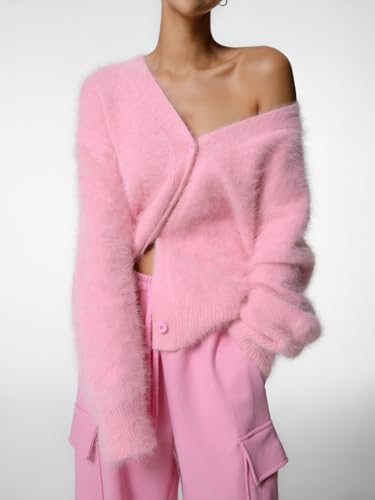 Image of chouyatou Women Furry Open Front Cardigan V-Neck Loose Casual Fluffy Knit Button Down Sweater Coat