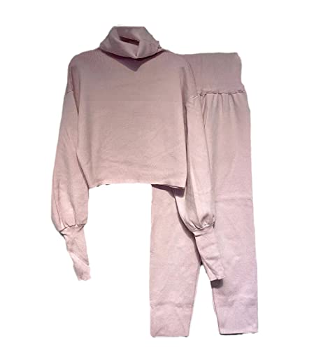 Ensemble pull tricoté col roulé d'une douceur exceptionnelle avec pantalon en maille rose